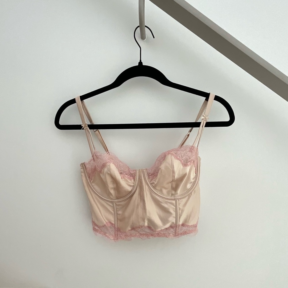 Victoria's Secret Vintage beige satin & pink lace bustier corset bra 34D